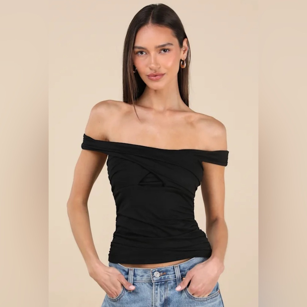 Lulus Elowyn Black Cross-Front Off-the-Shoulder Top Medium NWT